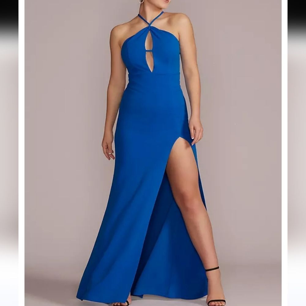 Emerald Sundae blue high slit prom dance strappy long dress size medium NWT